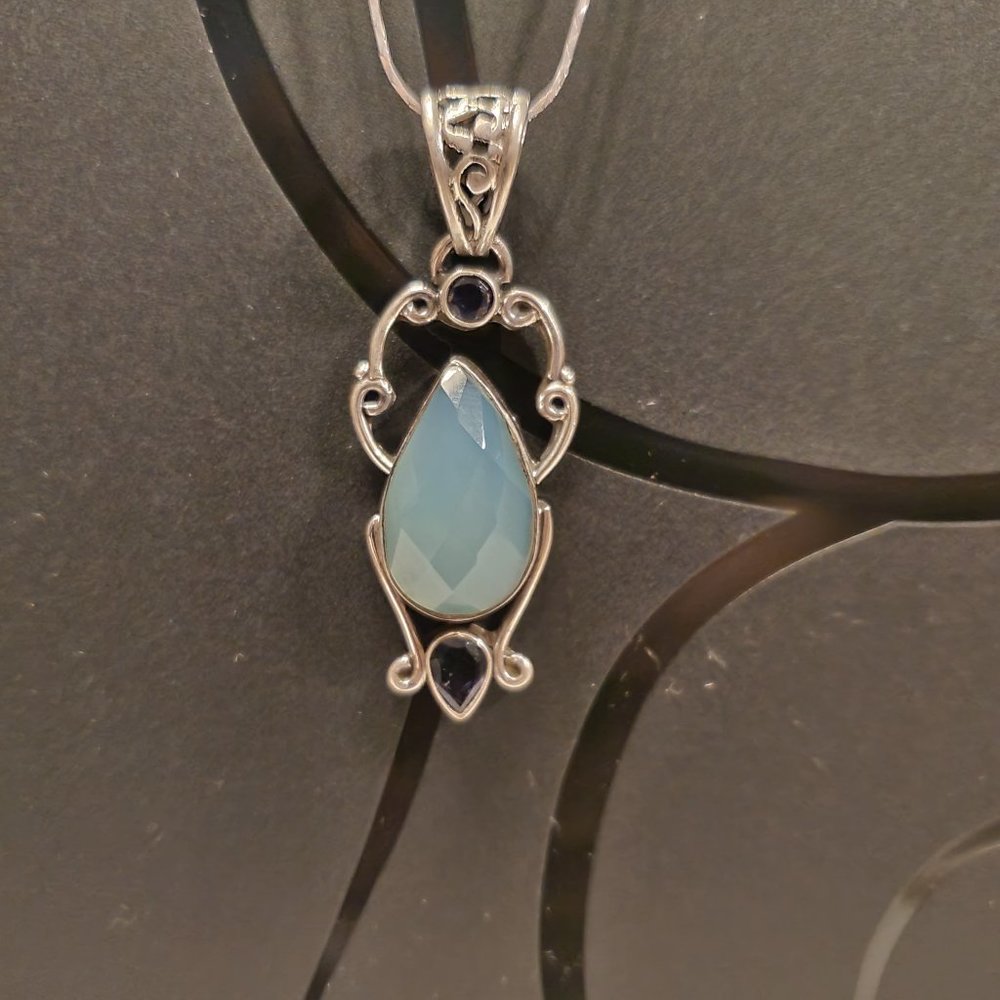 Aqua chalcedony and amethyst sterling silver pendant - Picture 1 of 9